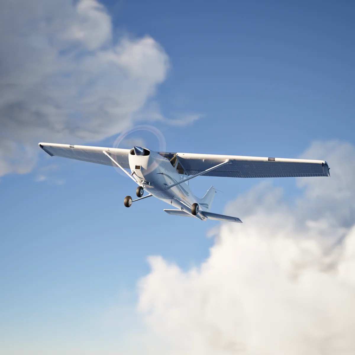 Cessna 172 in flight above the clouds