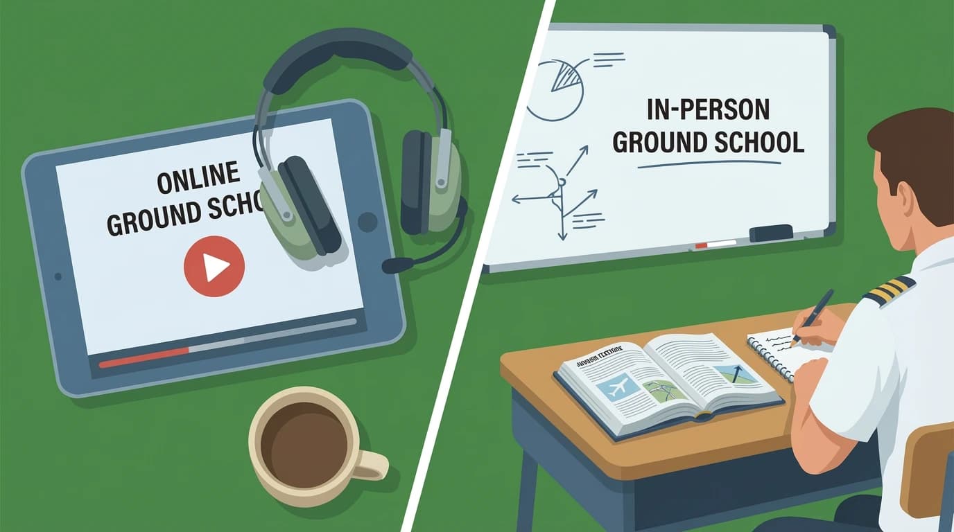 Split view comparing online ground school on a laptop with an in-person aviation classroom