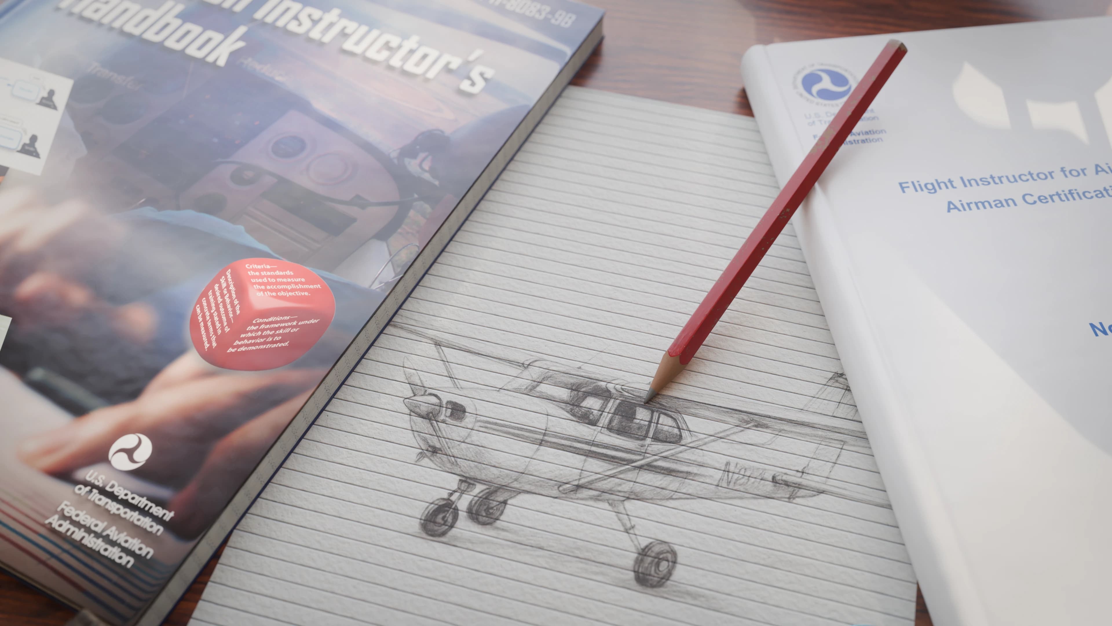 FAA instructor handbooks and a pencil sketch of a Cessna on a study desk