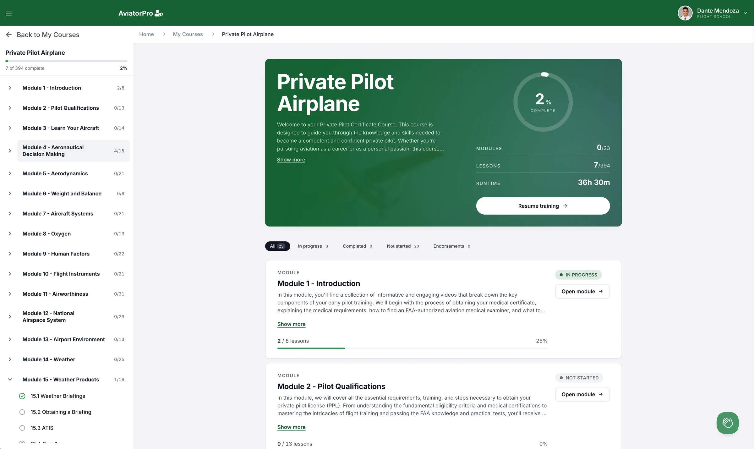 AviatorPro course page showing the module syllabus, course progress, and lesson videos