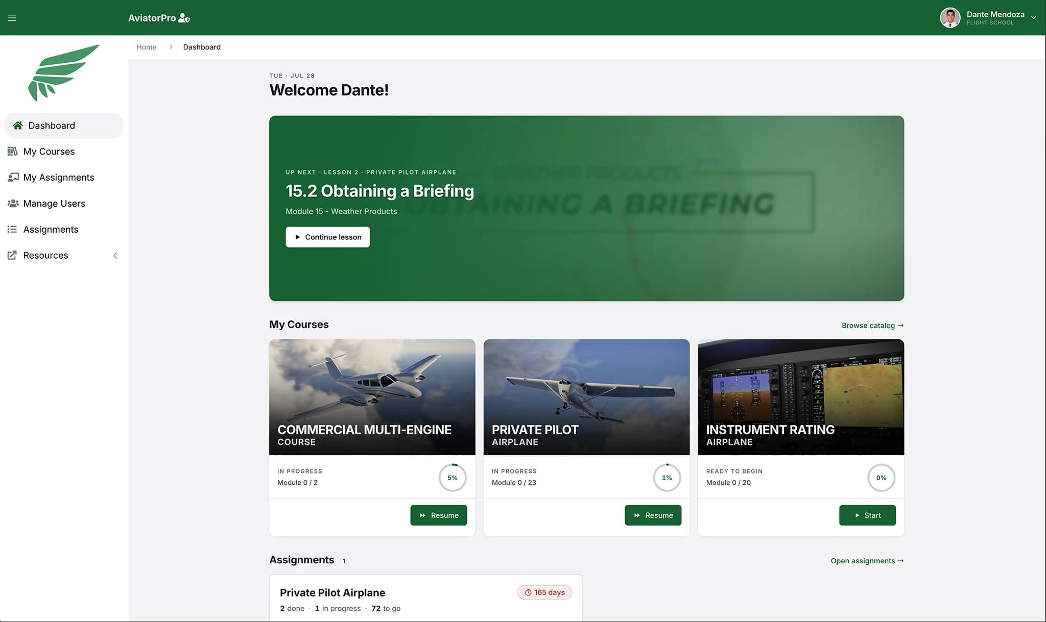AviatorPro LMS dashboard showing a student's courses, assignments, and progress